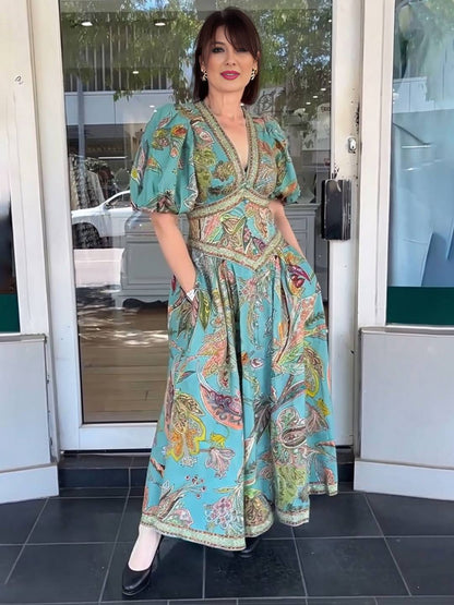 Cocolii robe longue v-cou imprimé à fleurie fluide manches courtes élégant femme médiévale vintage bal de promo cérémonie