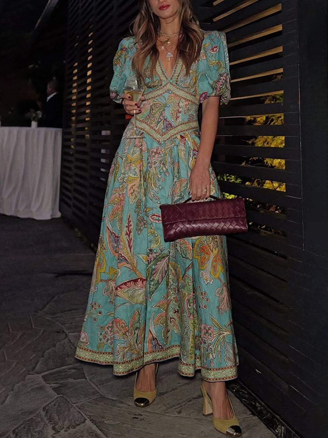 Cocolii robe longue v-cou imprimé à fleurie fluide manches courtes élégant femme médiévale vintage bal de promo cérémonie