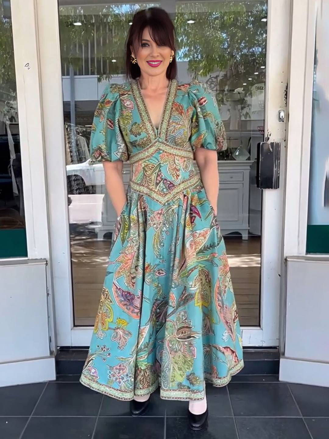 Cocolii robe longue v-cou imprimé à fleurie fluide manches courtes élégant femme médiévale vintage bal de promo cérémonie