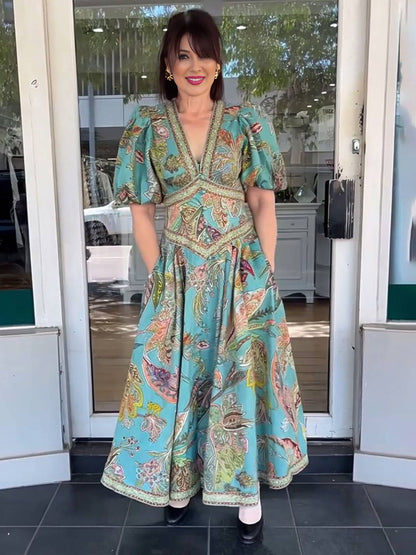 Cocolii robe longue v-cou imprimé à fleurie fluide manches courtes élégant femme médiévale vintage bal de promo cérémonie