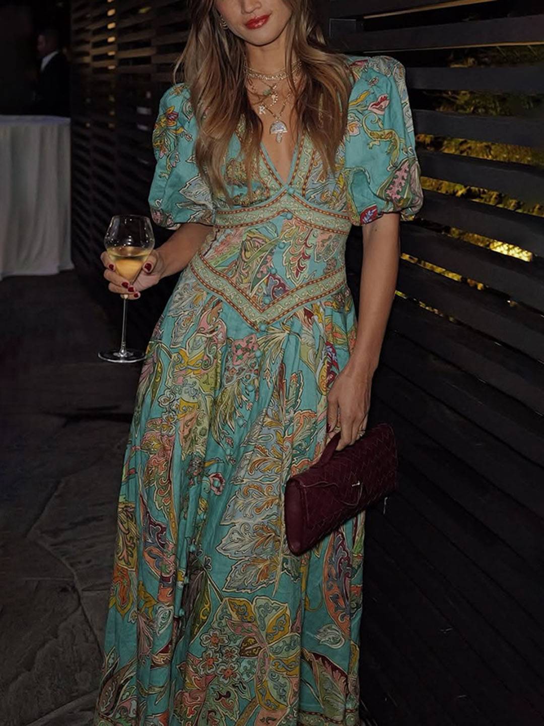 Cocolii robe longue v-cou imprimé à fleurie fluide manches courtes élégant femme médiévale vintage bal de promo cérémonie