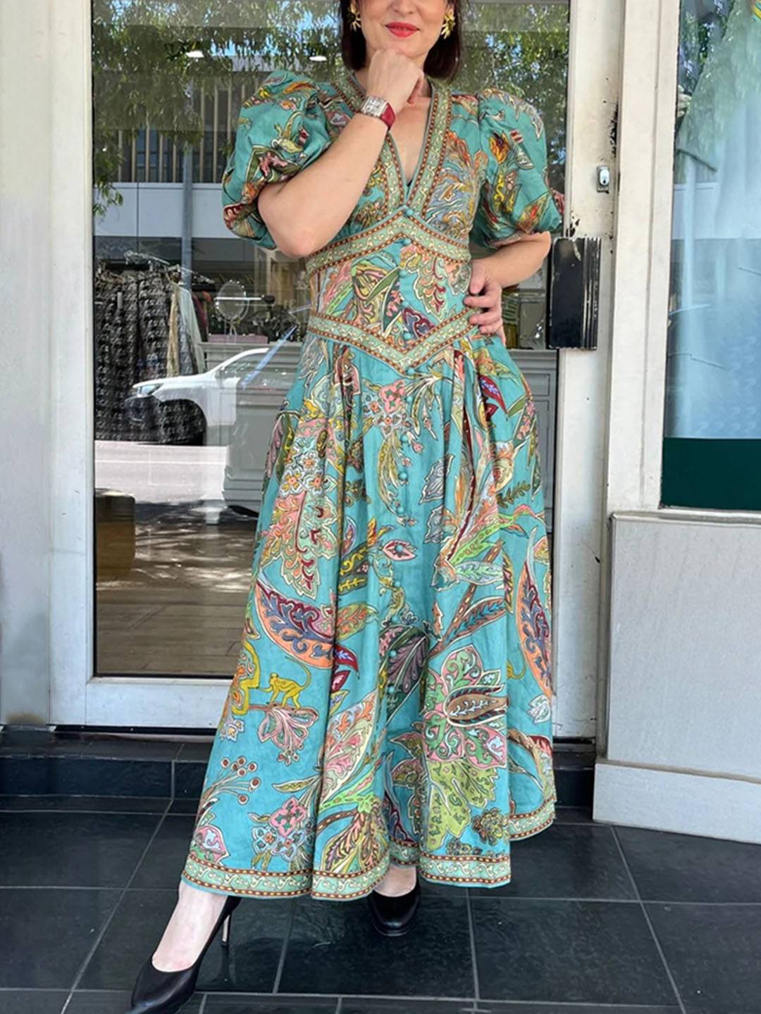 Cocolii robe longue v-cou imprimé à fleurie fluide manches courtes élégant femme médiévale vintage bal de promo cérémonie