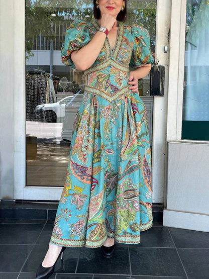 Cocolii robe longue v-cou imprimé à fleurie fluide manches courtes élégant femme médiévale vintage bal de promo cérémonie