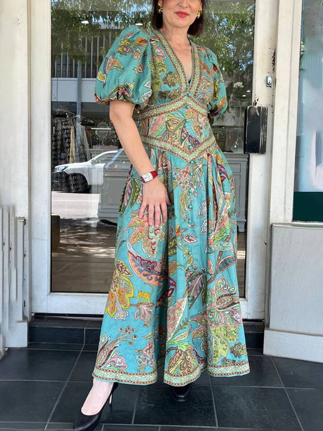 Cocolii robe longue v-cou imprimé à fleurie fluide manches courtes élégant femme médiévale vintage bal de promo cérémonie