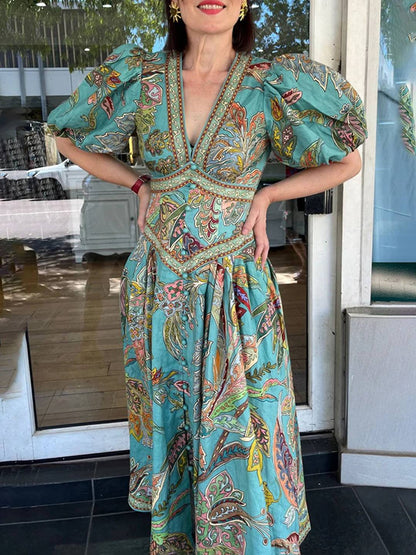 Cocolii robe longue v-cou imprimé à fleurie fluide manches courtes élégant femme médiévale vintage bal de promo cérémonie