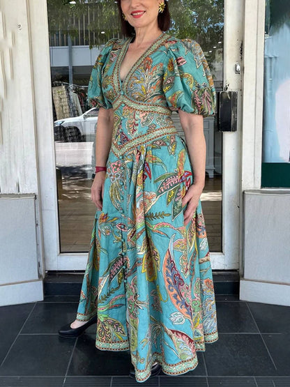 Cocolii robe longue v-cou imprimé à fleurie fluide manches courtes élégant femme médiévale vintage bal de promo cérémonie