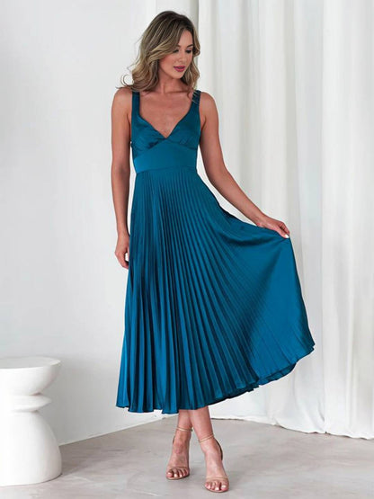 Cocolii longue robe plissé v-cou bretelle croisé dos nu sans manches femme élégant bal de promo cérémonie de plage