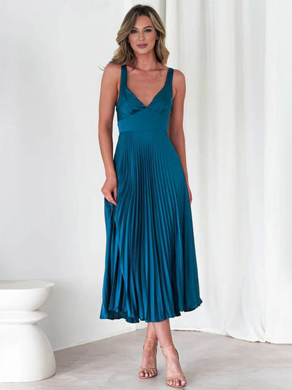 Cocolii longue robe plissé v-cou bretelle croisé dos nu sans manches femme élégant bal de promo cérémonie de plage