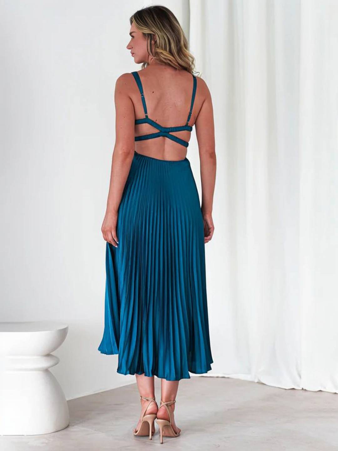 Cocolii longue robe plissé v-cou bretelle croisé dos nu sans manches femme élégant bal de promo cérémonie de plage