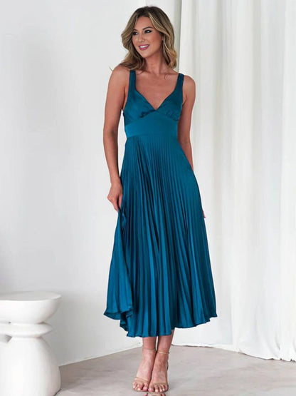 Cocolii longue robe plissé v-cou bretelle croisé dos nu sans manches femme élégant bal de promo cérémonie de plage