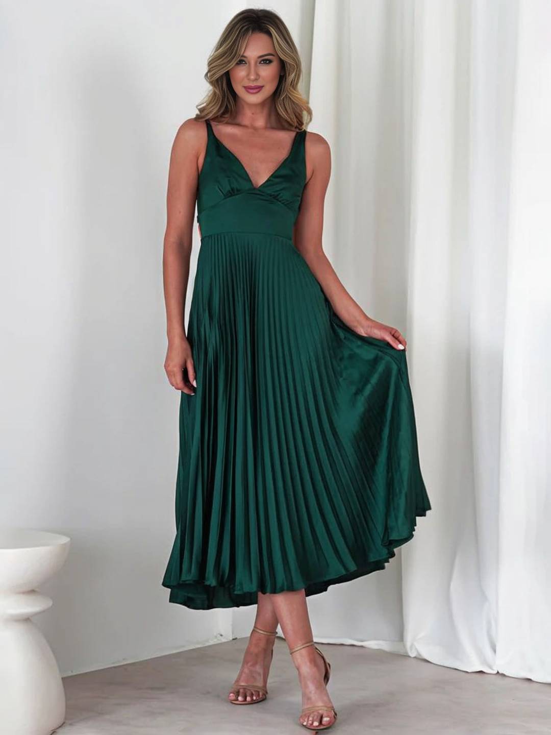 Cocolii longue robe plissé v-cou bretelle croisé dos nu sans manches femme élégant bal de promo cérémonie de plage