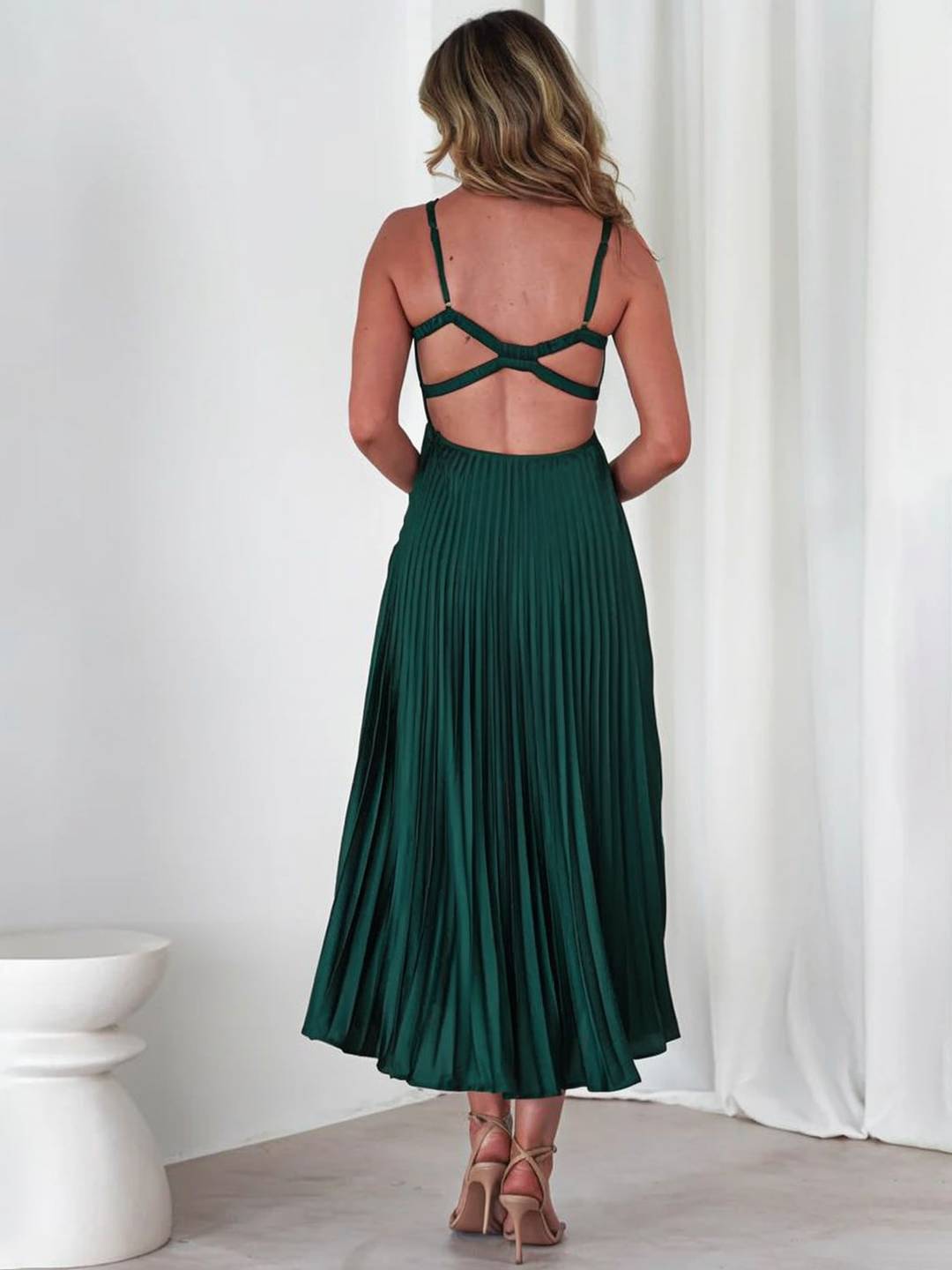 Cocolii longue robe plissé v-cou bretelle croisé dos nu sans manches femme élégant bal de promo cérémonie de plage