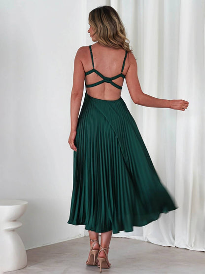 Cocolii longue robe plissé v-cou bretelle croisé dos nu sans manches femme élégant bal de promo cérémonie de plage