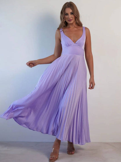 Cocolii longue robe plissé v-cou bretelle croisé dos nu sans manches femme élégant bal de promo cérémonie de plage