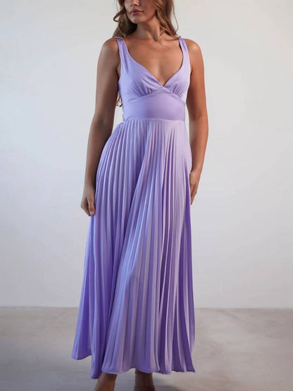 Cocolii longue robe plissé v-cou bretelle croisé dos nu sans manches femme élégant bal de promo cérémonie de plage