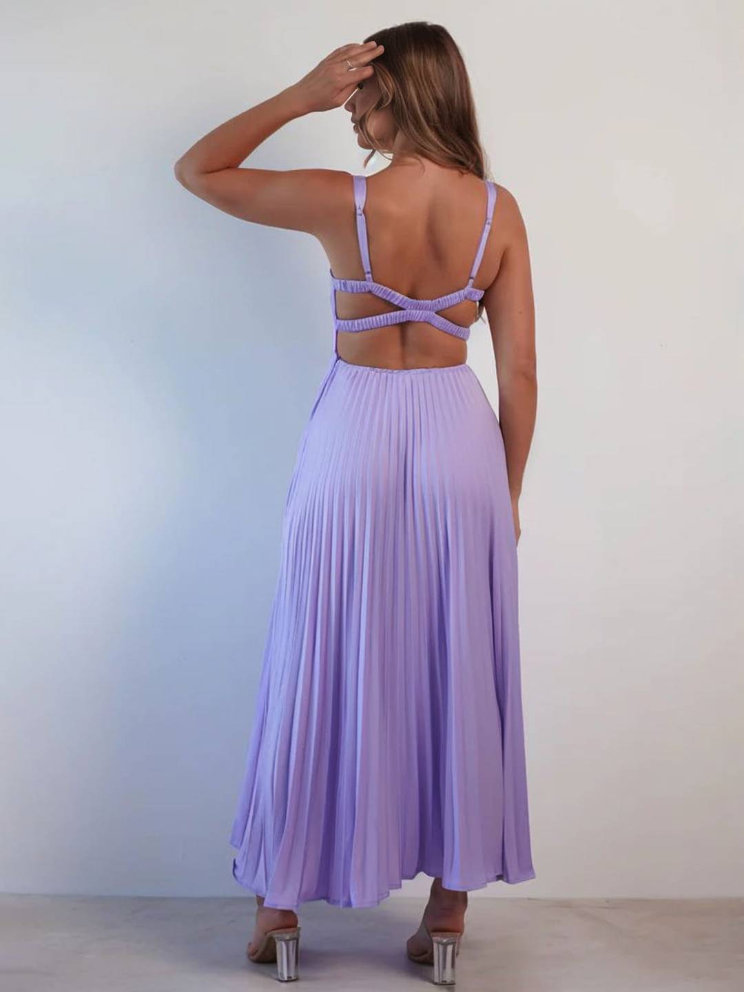 Cocolii longue robe plissé v-cou bretelle croisé dos nu sans manches femme élégant bal de promo cérémonie de plage