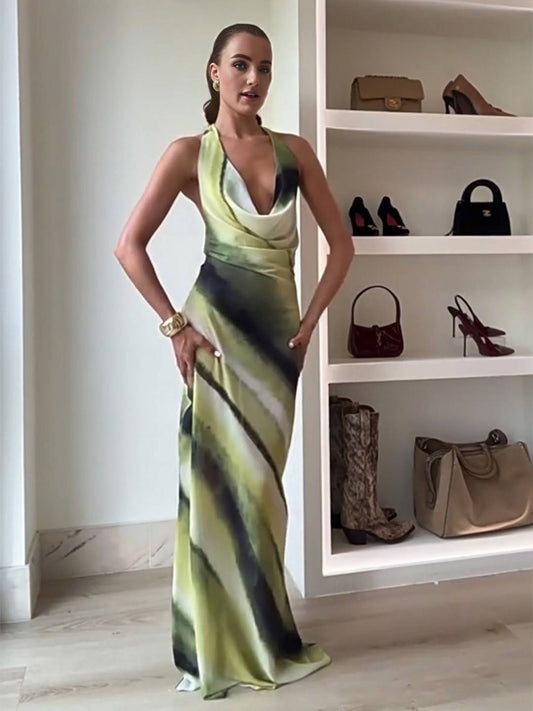 Cocolii robe longue couleur dégradé v-cou licou dos nu sans manches femme décontracté de soirée bal de promo de plage