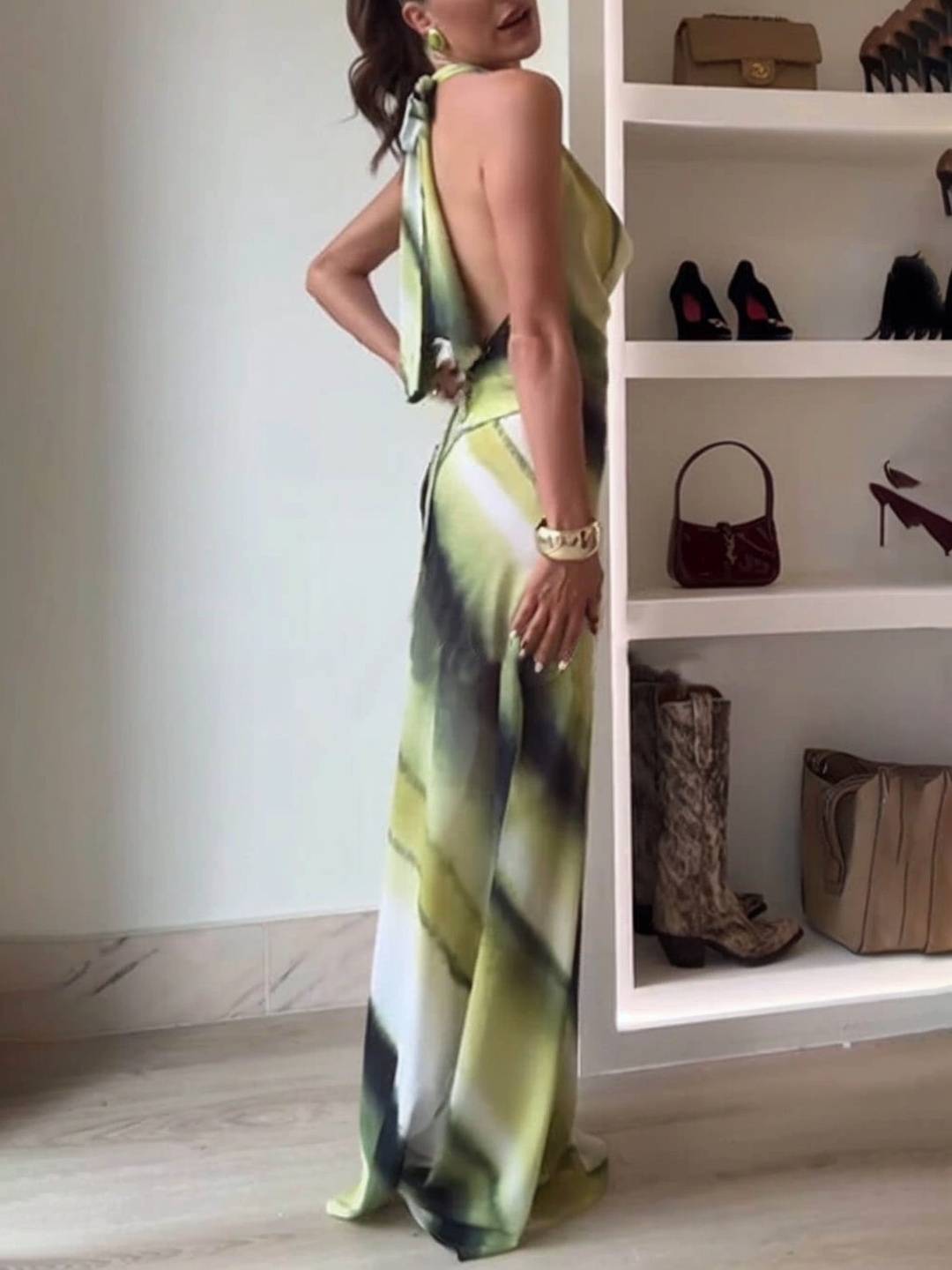 Cocolii robe longue couleur dégradé v-cou licou dos nu sans manches femme décontracté de soirée bal de promo de plage