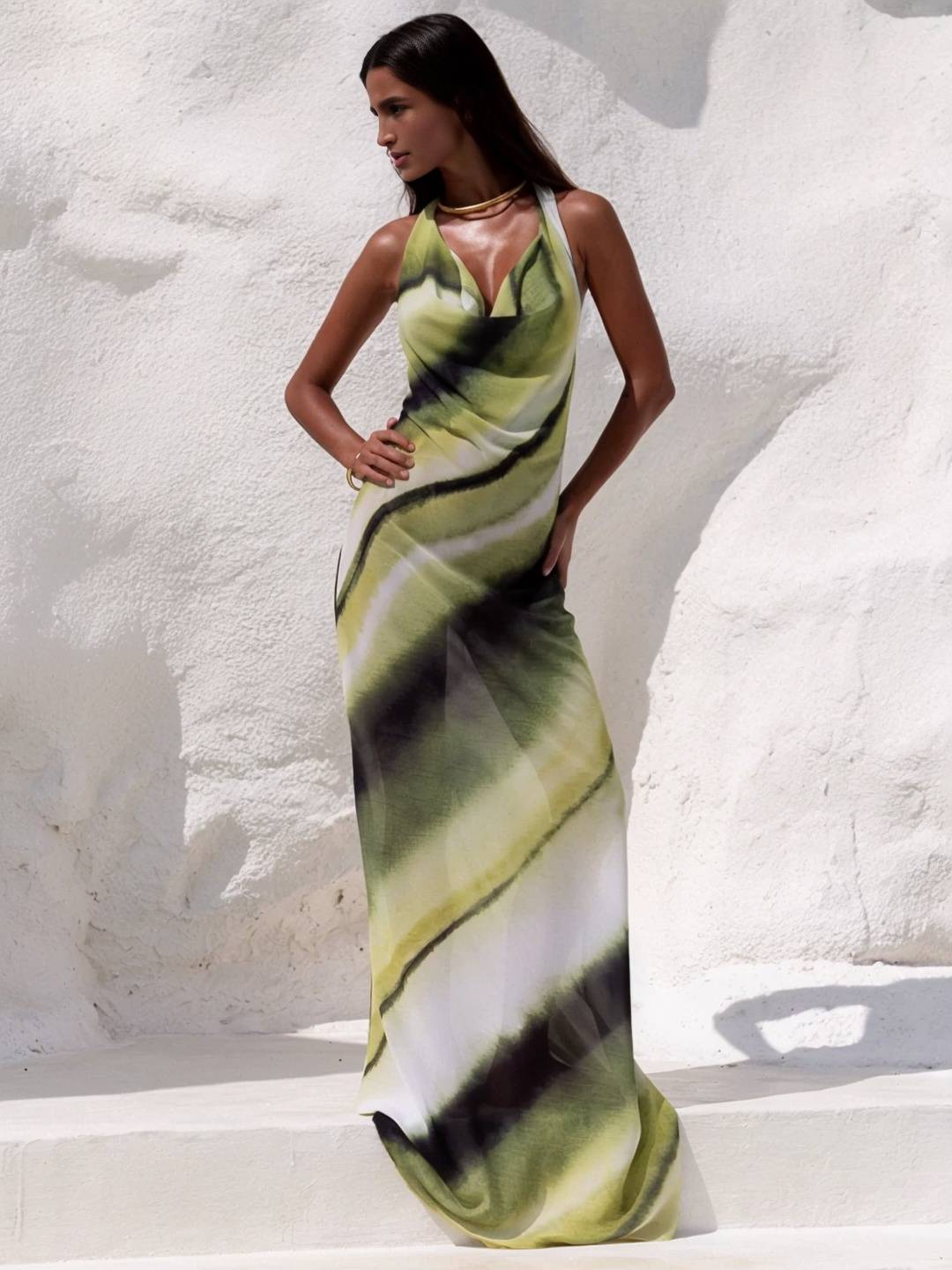 Cocolii robe longue couleur dégradé v-cou licou dos nu sans manches femme décontracté de soirée bal de promo de plage