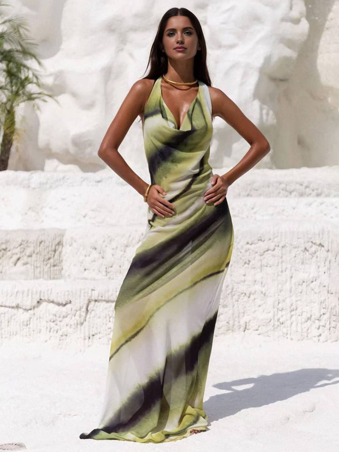 Cocolii robe longue couleur dégradé v-cou licou dos nu sans manches femme décontracté de soirée bal de promo de plage