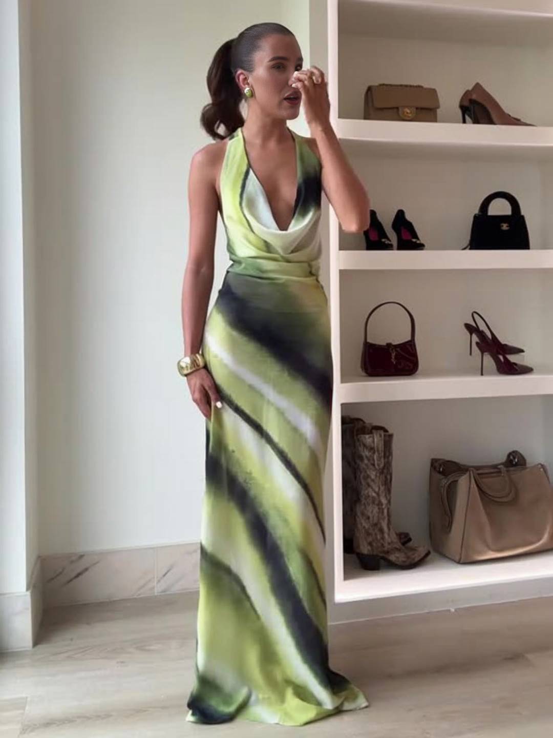 Cocolii robe longue couleur dégradé v-cou licou dos nu sans manches femme décontracté de soirée bal de promo de plage