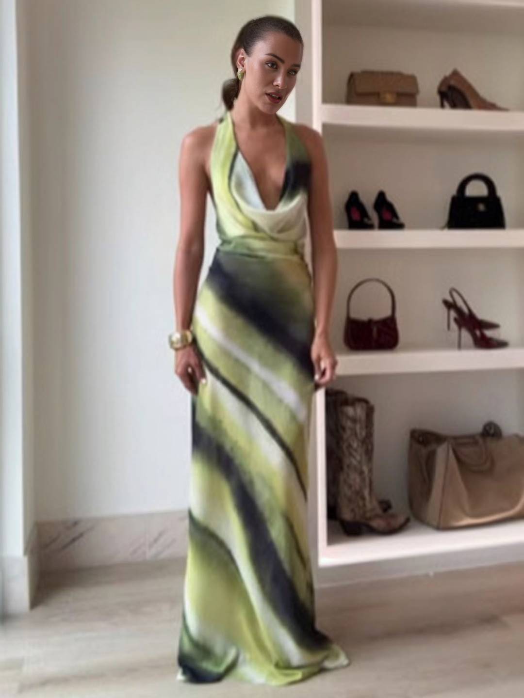 Cocolii robe longue couleur dégradé v-cou licou dos nu sans manches femme décontracté de soirée bal de promo de plage