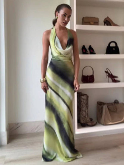 Cocolii robe longue couleur dégradé v-cou licou dos nu sans manches femme décontracté de soirée bal de promo de plage