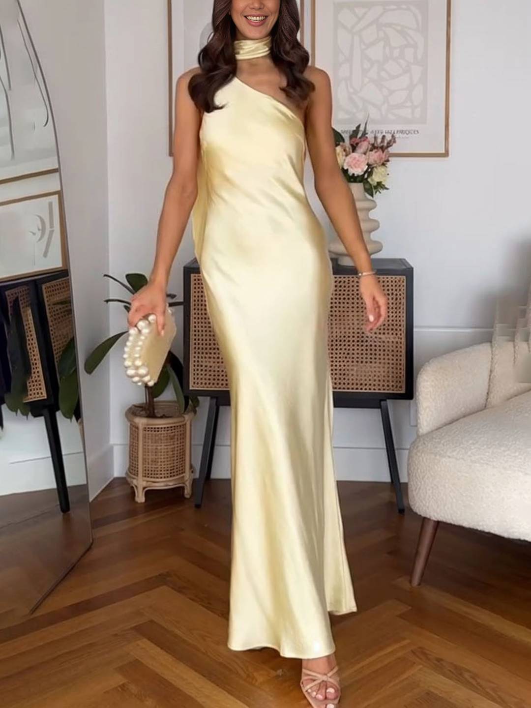 Cocolii robe longue en satin moulante une épaule licou dos nu sans manches femme doux élégant bal de promo de plage