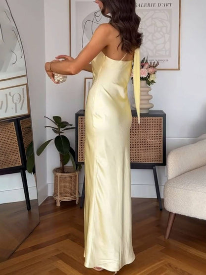 Cocolii robe longue en satin moulante une épaule licou dos nu sans manches femme doux élégant bal de promo de plage