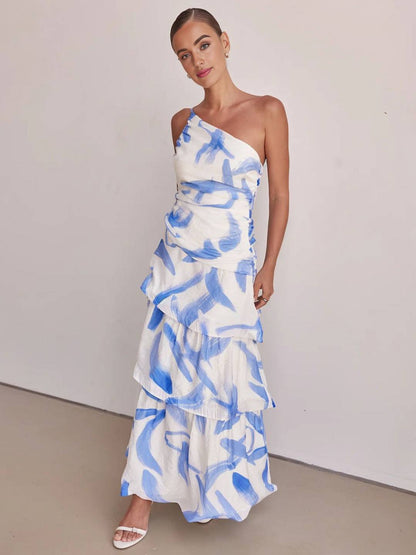 Cocolii robe longue plume motif une épaule dos nu peplum à volantée sans manches femme doux boho décontracté de plage