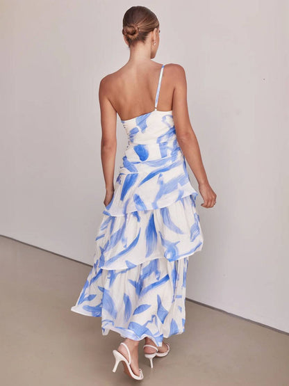 Cocolii robe longue plume motif une épaule dos nu peplum à volantée sans manches femme doux boho décontracté de plage