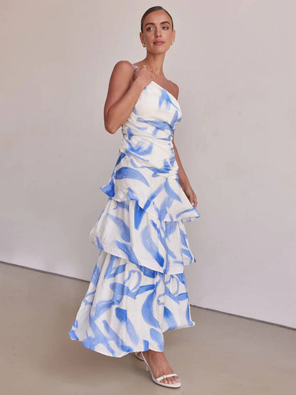 Cocolii robe longue plume motif une épaule dos nu peplum à volantée sans manches femme doux boho décontracté de plage