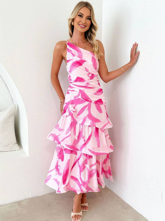 Cocolii robe longue plume motif une épaule dos nu peplum à volantée sans manches femme doux boho décontracté de plage