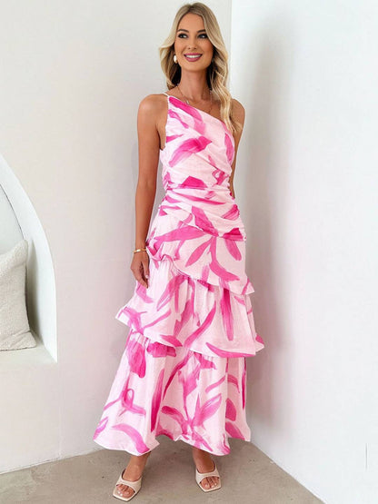 Cocolii robe longue plume motif une épaule dos nu peplum à volantée sans manches femme doux boho décontracté de plage