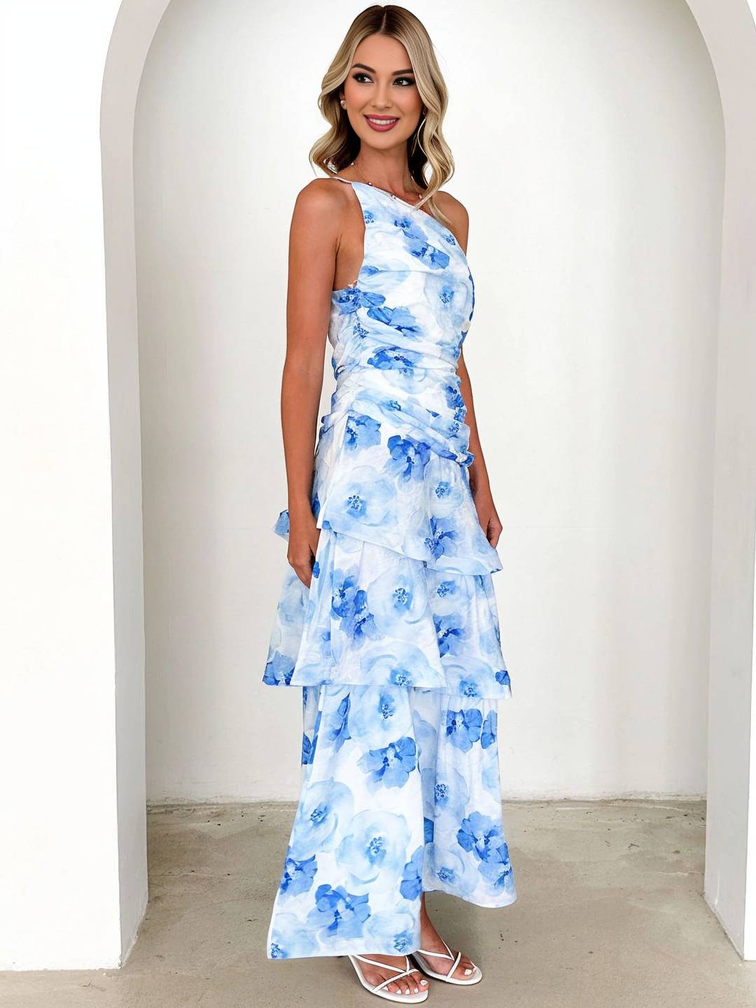 Cocolii robe longue imprimé à fleurie une épaule à volantée dos nu sans manches femme élégant décontracté bal de promo