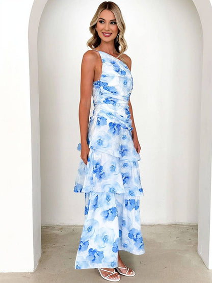 Cocolii robe longue imprimé à fleurie une épaule à volantée dos nu sans manches femme élégant décontracté bal de promo