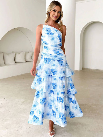 Cocolii robe longue imprimé à fleurie une épaule à volantée dos nu sans manches femme élégant décontracté bal de promo