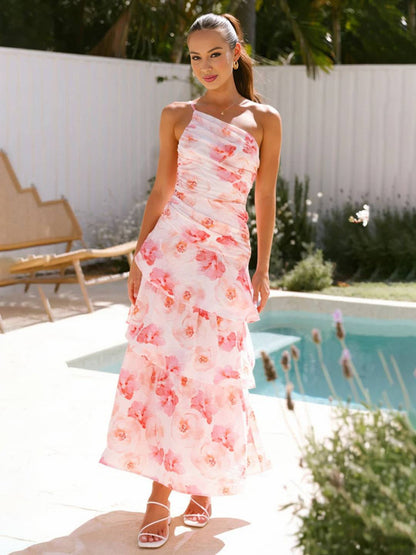 Cocolii robe longue imprimé à fleurie une épaule à volantée dos nu sans manches femme élégant décontracté bal de promo