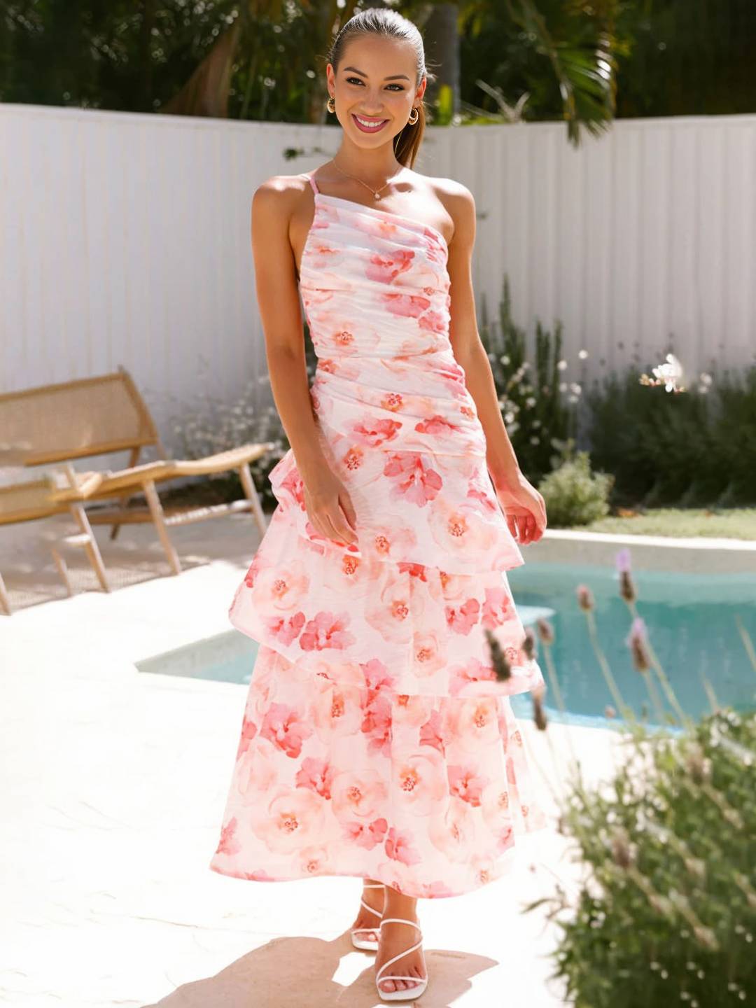 Cocolii robe longue imprimé à fleurie une épaule à volantée dos nu sans manches femme élégant décontracté bal de promo