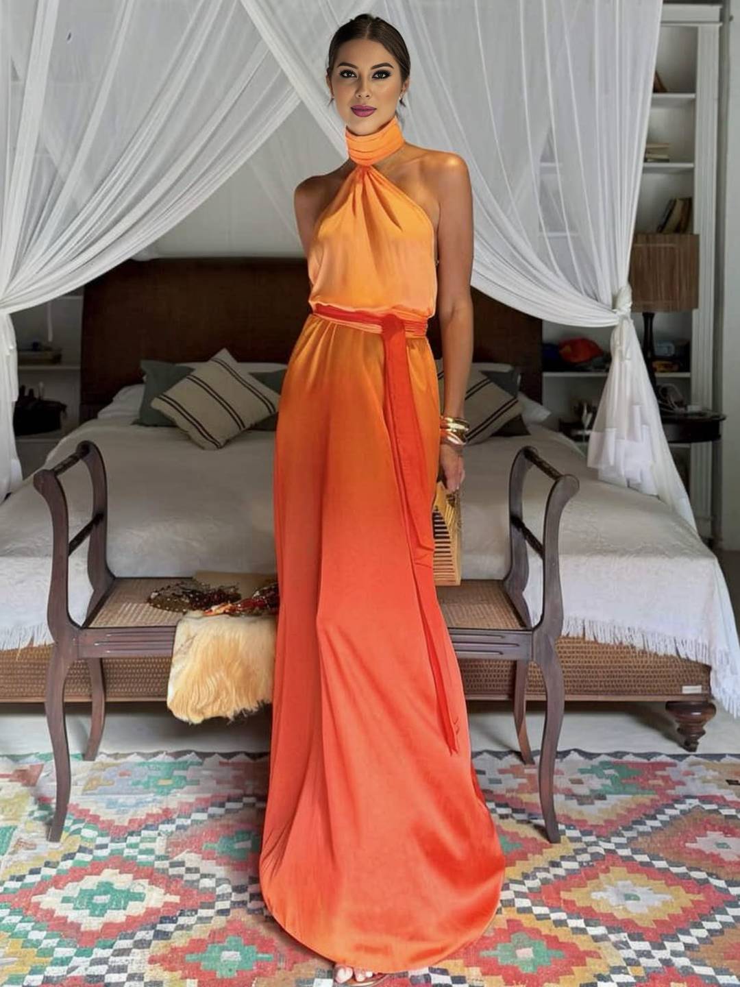 Cocolii robe longue couleur dégradé ceinture dos nu col roulé licou sans manches femme élégant décontracté de plage