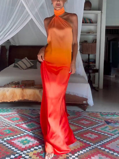 Cocolii robe longue couleur dégradé ceinture dos nu col roulé licou sans manches femme élégant décontracté de plage