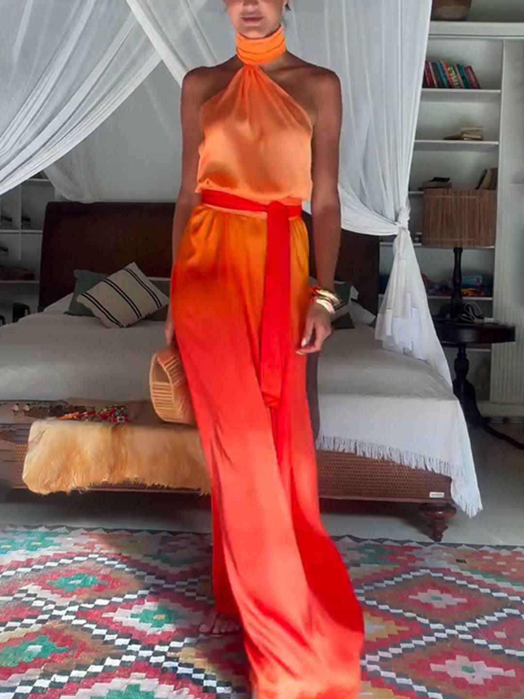 Cocolii robe longue couleur dégradé ceinture dos nu col roulé licou sans manches femme élégant décontracté de plage