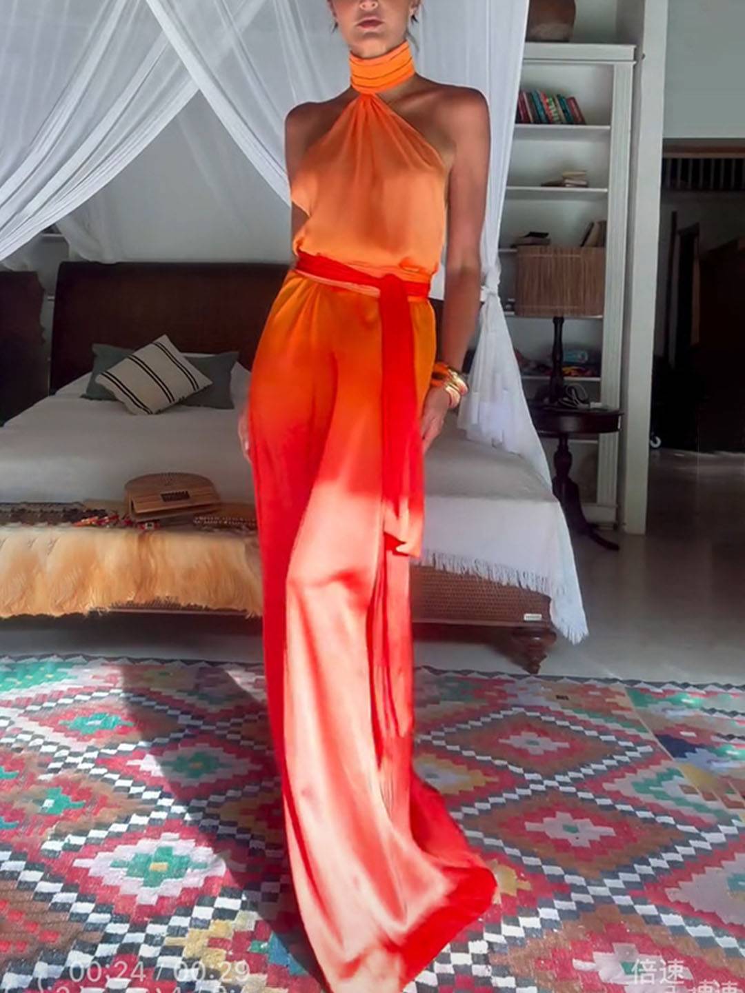 Cocolii robe longue couleur dégradé ceinture dos nu col roulé licou sans manches femme élégant décontracté de plage