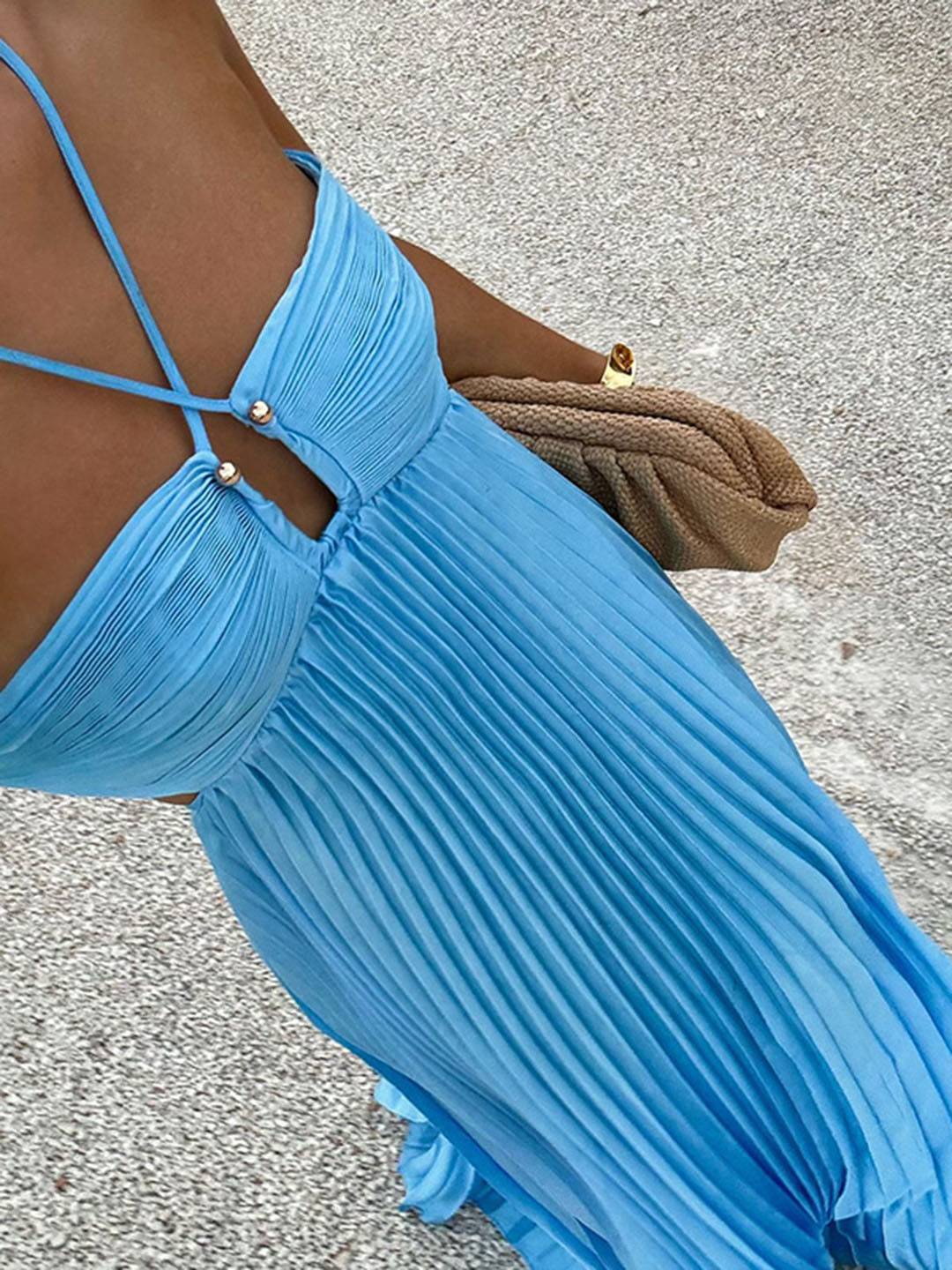 Cocolii robe longue bustier plissé licou découpes croisé dos sans manches femme casual décontracté de plage