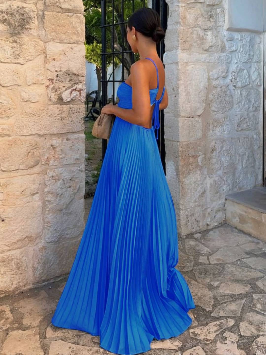 Cocolii robe longue bustier plissé licou découpes croisé dos sans manches femme casual décontracté de plage