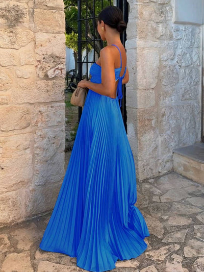 Cocolii robe longue bustier plissé licou découpes croisé dos sans manches femme casual décontracté de plage