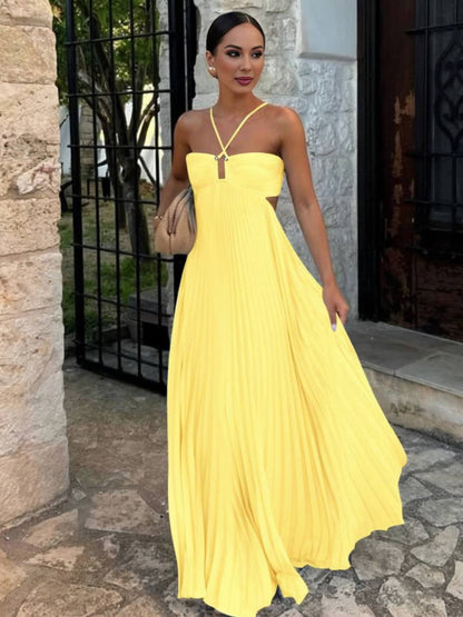 Cocolii robe longue bustier plissé licou découpes croisé dos sans manches femme casual décontracté de plage