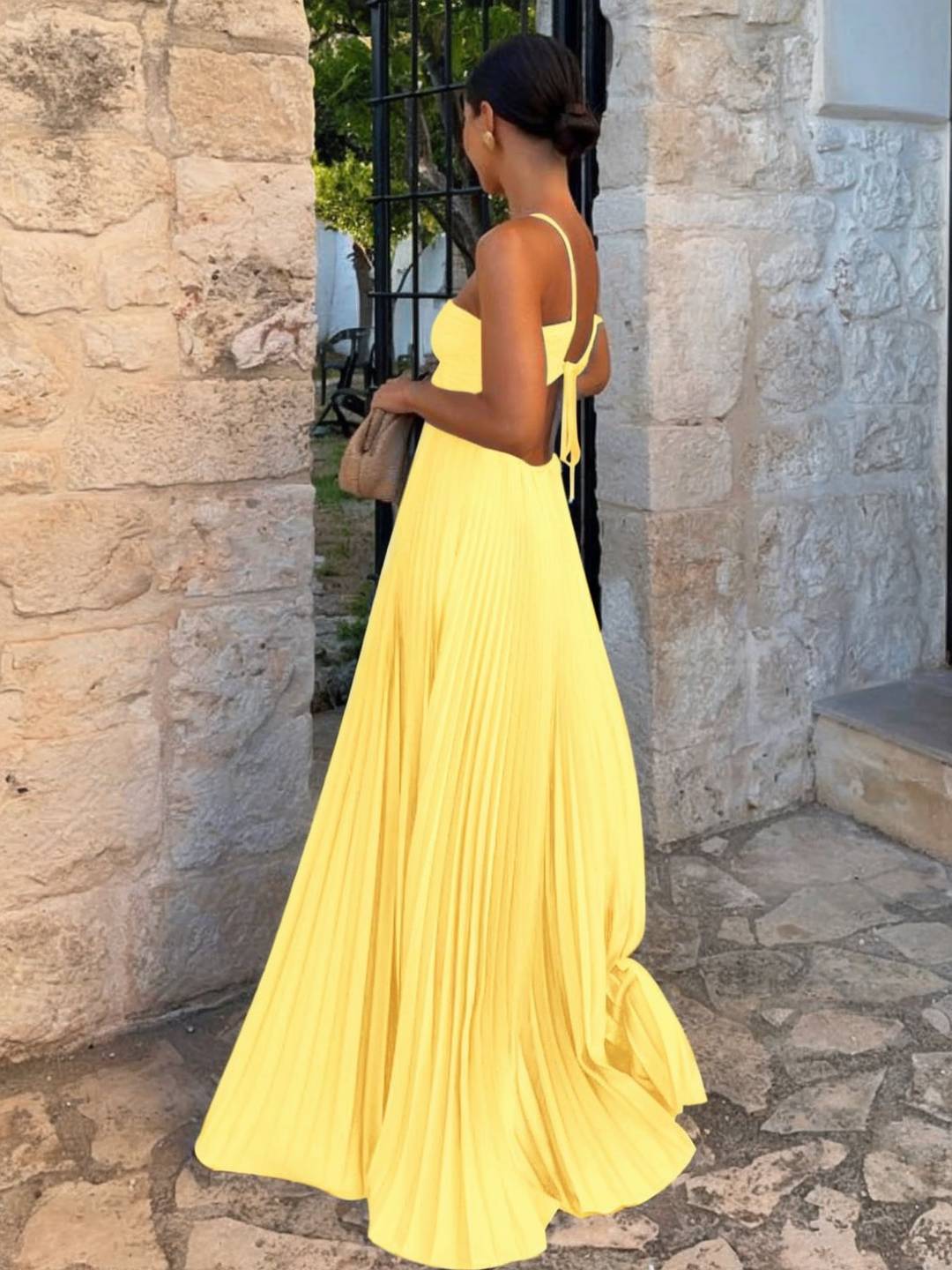 Cocolii robe longue bustier plissé licou découpes croisé dos sans manches femme casual décontracté de plage