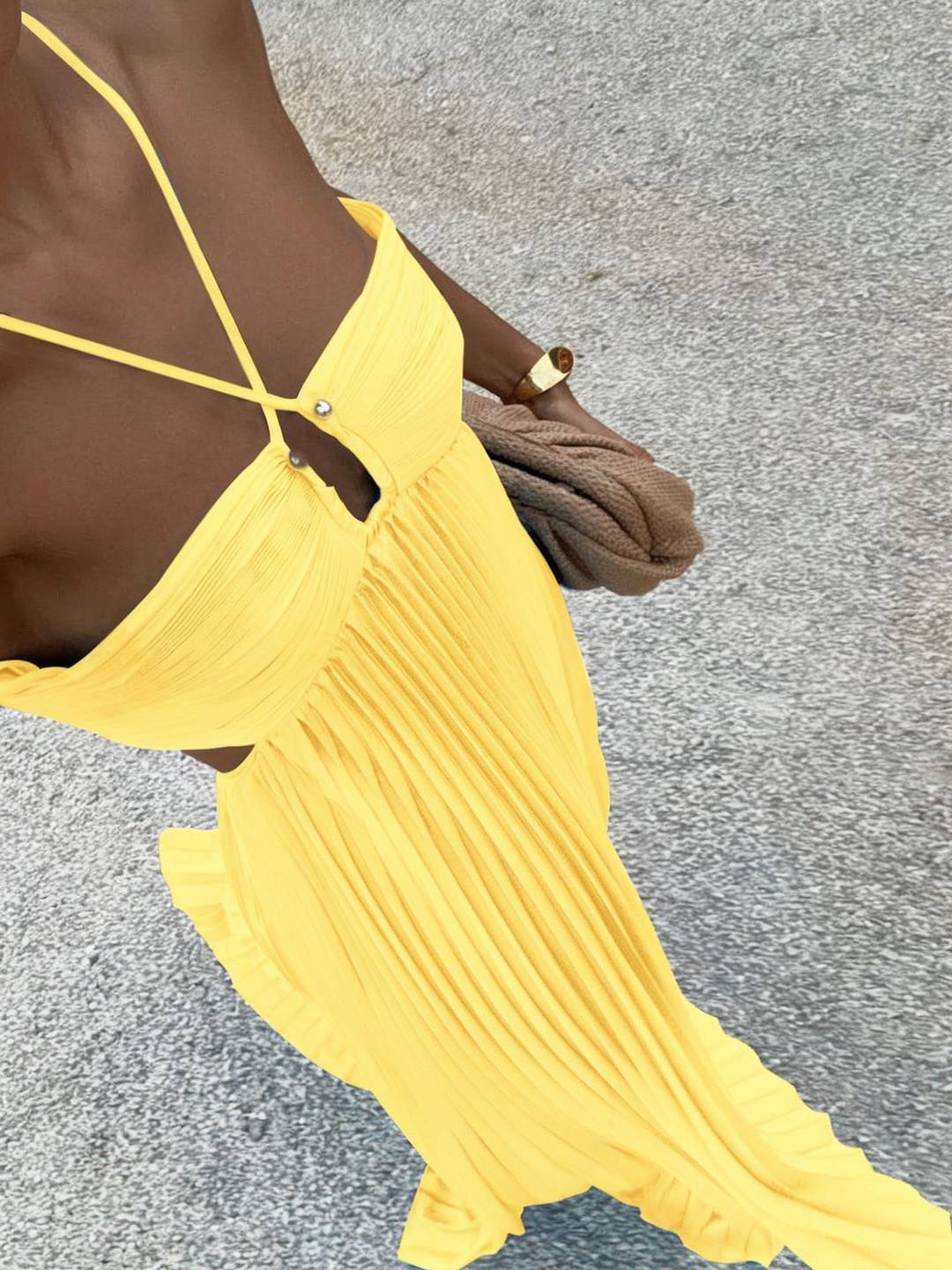 Cocolii robe longue bustier plissé licou découpes croisé dos sans manches femme casual décontracté de plage