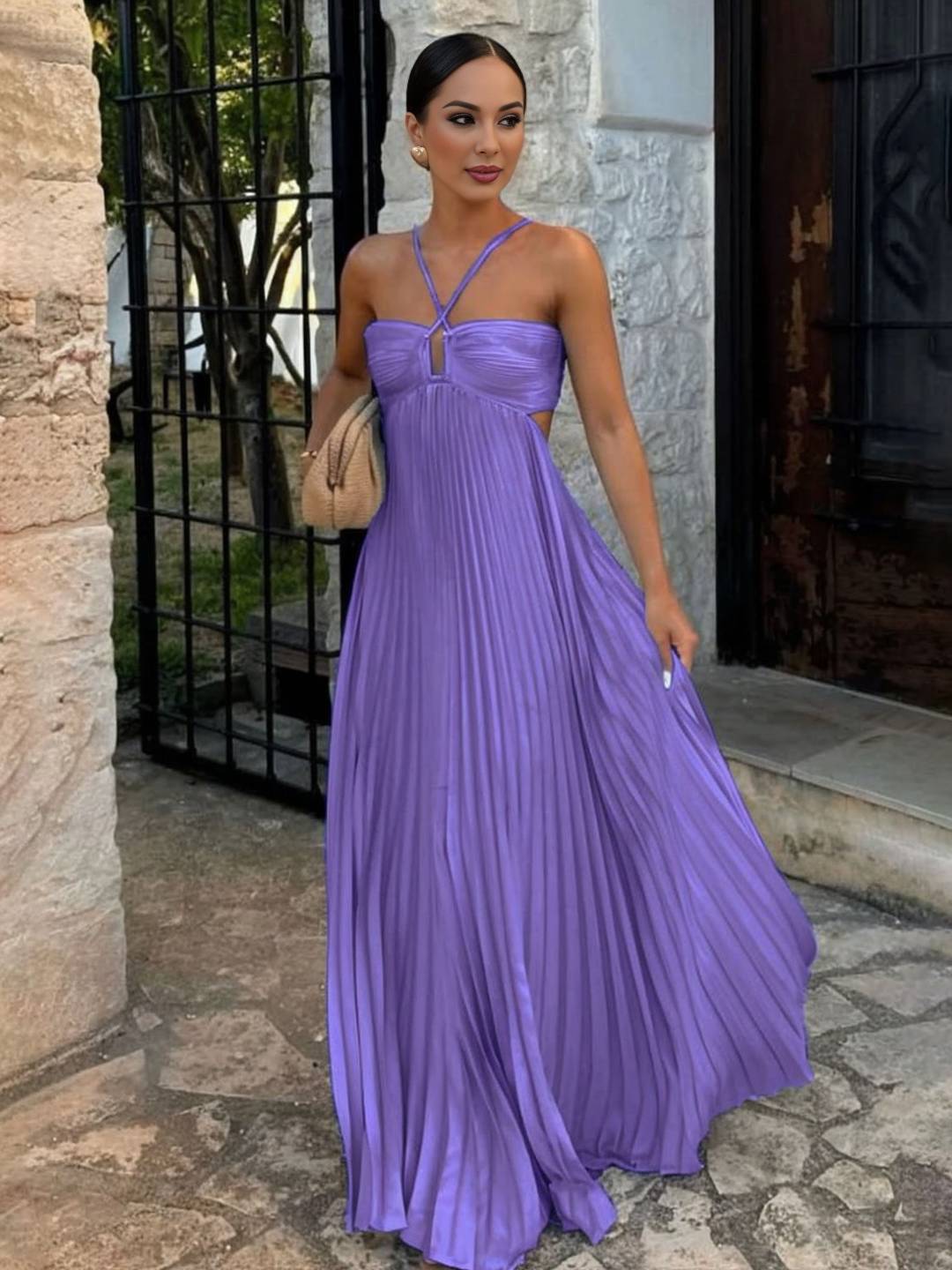 Cocolii robe longue bustier plissé licou découpes croisé dos sans manches femme casual décontracté de plage